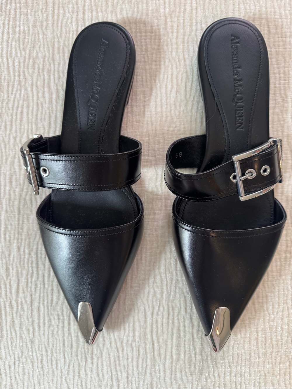 Alexander McQueen Black Leather Pointed Buckle Mules with Silver Toe Caps